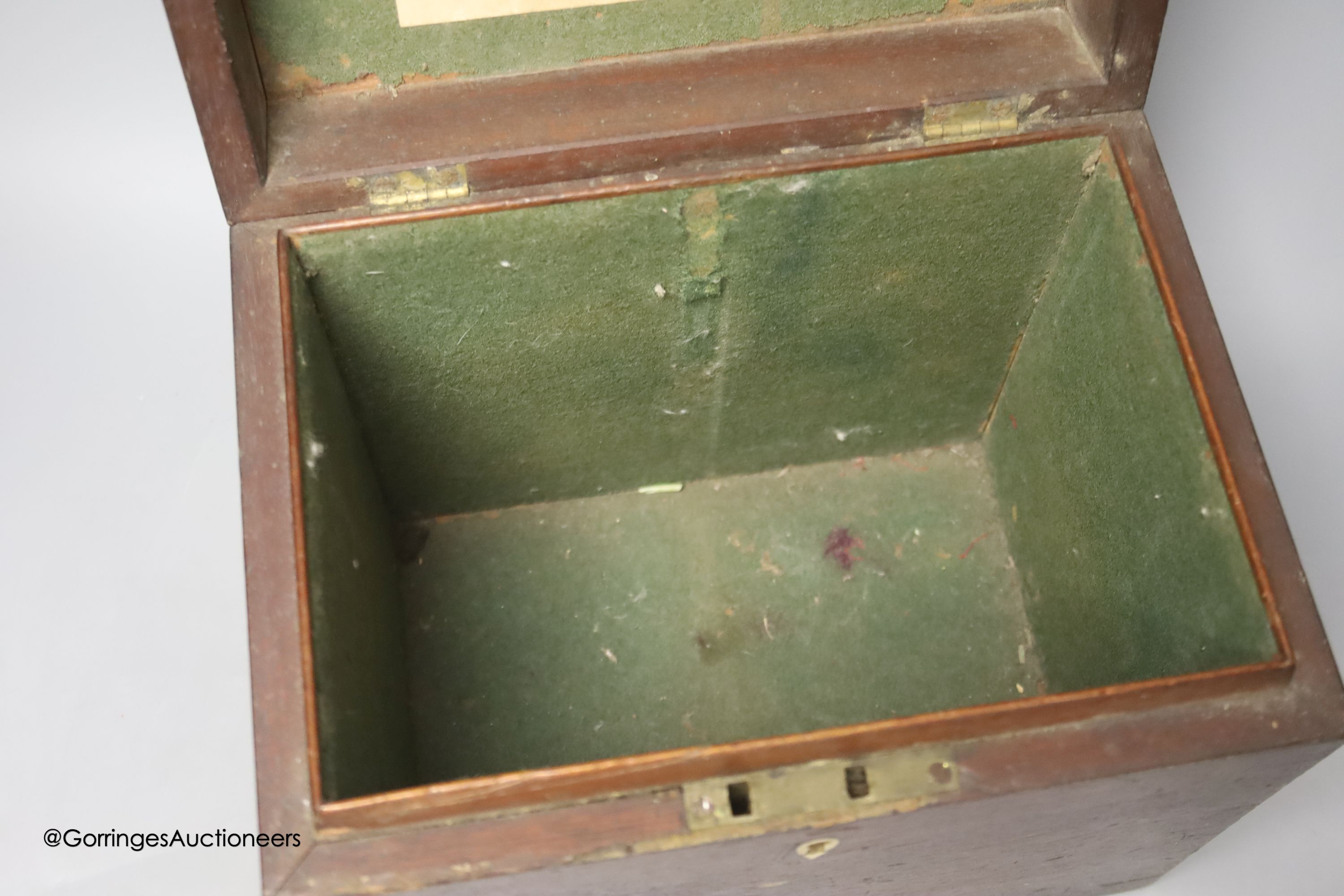 A 19th century mahogany box, labelled for John Manton & Son, Gun Makers to the Royal Family, height 24cm width 27cm